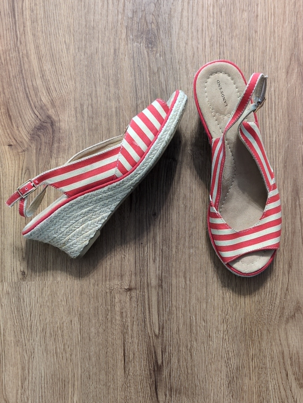 Lands' End Red and White Striped Espadrille Wedge Sandals